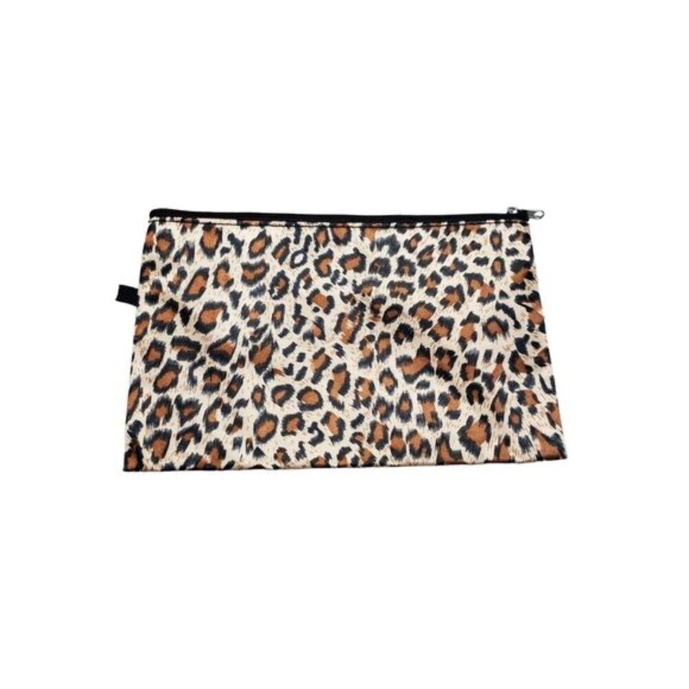 Makeup Pencil Bag Brown Leopard Print Fabric Zipper Pouch Single Compartment